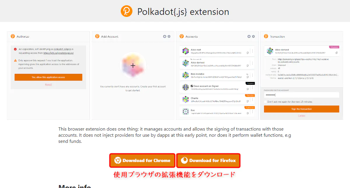 Polkadot extensionトップページ